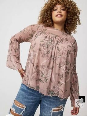 torrid Dusty Rose Floral Stretchy Mesh Peasant Blouse